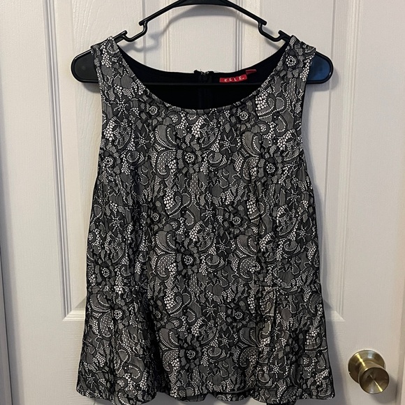 Elle Tops - Elle Black and White Lace Peplum Blouse Size XL